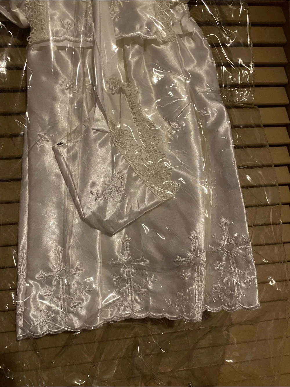 Ivory Satin  Girl Dress with Lace Trim and hat